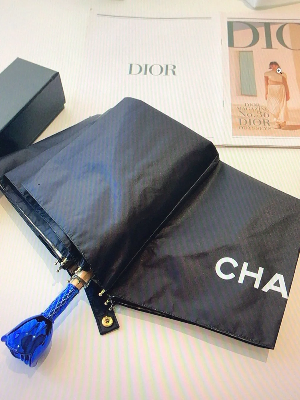 CHANEL Black Compact Umbrella with Blue Rose Handle
